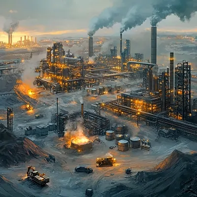 نمای هوایی از مجتمع پتروشیمی و پالایشگاه تولید روانکارهای صنعتی با نورهای شبانه؛ ایدهآل برای صفحات معرفی زنجیره تولید روغن صنعتی