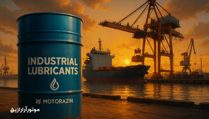 بشکه آبی روغن صنعتی موتورازین در بندرعباس کنار جرثقیل‌ها و کشتی باری در غروب خورشید