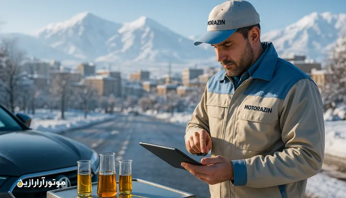 کارشناس فنی موتورازین در فضای باز زمستانی تبریز، در حال تست ویسکوزیته روغن موتور کنار خودروی مدرن با پس‌زمینه برفی و کوهستانی.