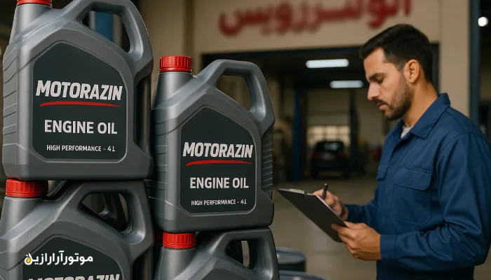 نمای نزدیک از قوطیهای روغن موتور موتورازین در اتوسرویس مدرن شیراز، مکانیک با لباس آبی در حال بررسی موجودی.