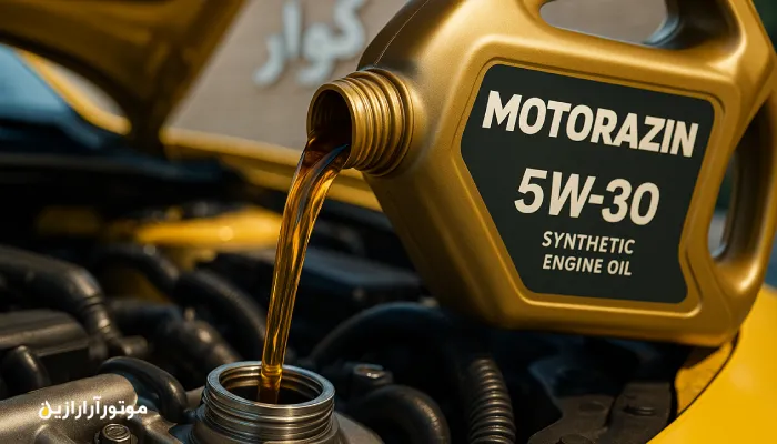 روغن موتور در کوار؛ ریختن روغن 5W-30 سنتتیک در موتور تاکسی با برند Motorazin