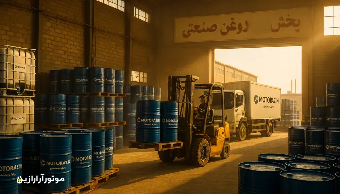 انبار صنعتی در اصفهان با بشکه‌های روغن صنعتی برند موتورازین و لیفتراک در حال بارگیری برای ارسال به صنایع