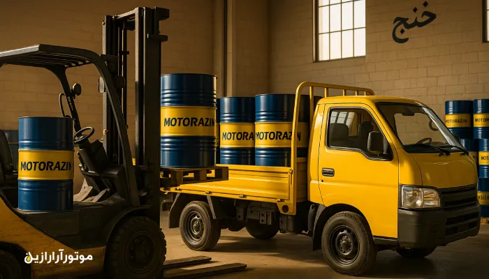 قیمت روغن موتور در خنج ،نمای نزدیک از بارگیری وانتهای توزیع با بشکههای روغن موتور