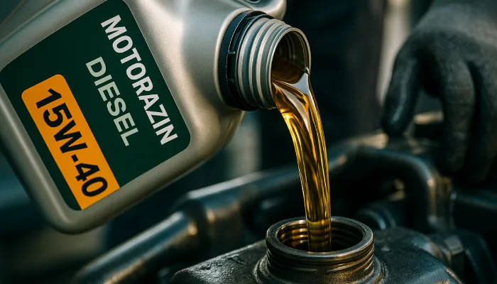 روغن موتور 15W-40 دیزلی موتورازین در حال ریختن در موتور کامیون معدن کوهبنان