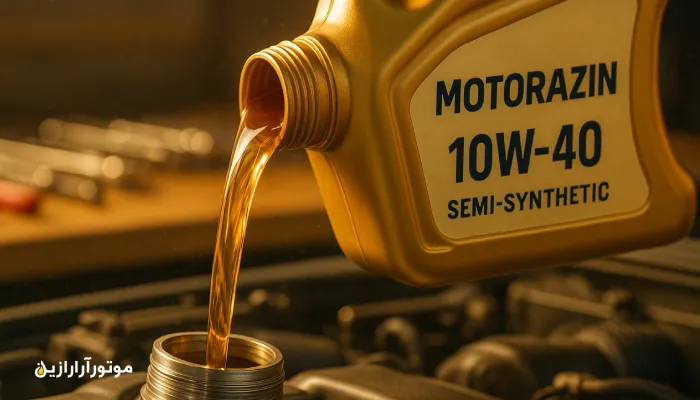 نمای نزدیک از ریختن روغن موتور 10W-40 نیمه‌سنتتیک موتورازین به داخل موتور خودرو در زرین‌دشت؛ تمرکز بر کیفیت و قیمت روغن موتور زرین‌دشت