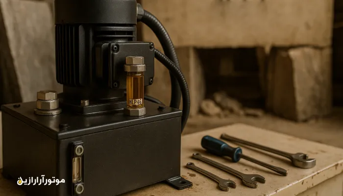 پخش روغن صنعتی در پاسارگاد؛ پاورپک هیدرولیک با روغن HLP46 موتورازین در دید شیشه‌ای