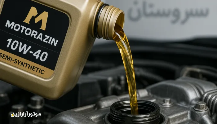 نمای نزدیک از ریختن روغن موتور در سروستان؛ روغن نیمه‌سنتتیک 10W-40 با برند موتورآرارازین