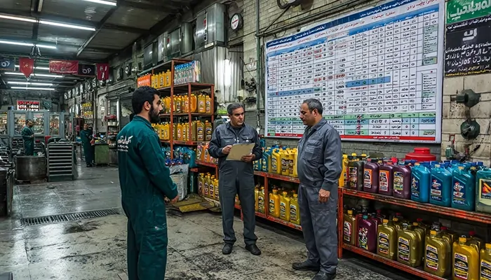 جلسه کاری مهندسان در کارخانه تولید روغن موتور با قفسه‌های محصولات | خرید روغن موتور اراک