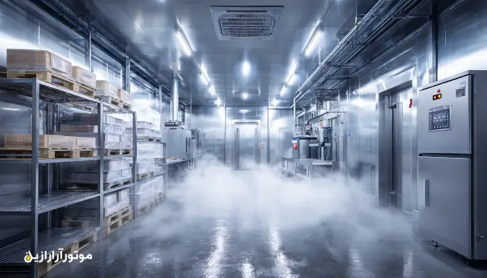 سردخانه صنعتی مدرن با دیوارهای استیل براق و قفسه‌های پر از مواد غذایی منجمد، همراه با دستگاه‌های بسته‌بندی و انجماد سریع  نور سفید و بخار سرد فضا را خنک، بهداشتی و صنعتی نشان می‌دهد 