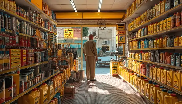 فروشگاه روغن موتور در زاهدان با قفسه‌های پر از بطری‌های زرد و مشتری در حال خرید روانکار خودرو