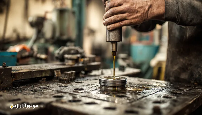 نمای نزدیک از روانکاری گیربکس صنعتی و پرس هیدرولیک در کارگاه فرایندی ایلام با نور سینمایی و جزئیات دقیق. روغن صنعتی ایلام