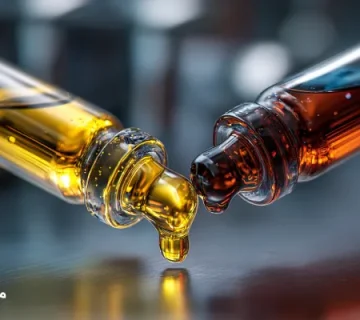 تصویر ماکرو از واکنش دو برند روغن موتور با رنگ‌های متفاوت در ظرف آزمایشگاهی؛ پس‌زمینه‌ی صنعتی ایرانی و بشکه‌های آبی موتورازین با نوار قرمز.