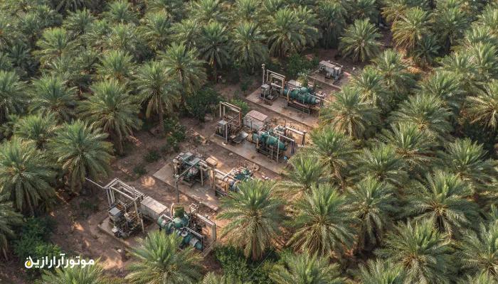 پمپ آبیاری نخیلات دشتستان با گیربکس صنعتی و مه‌نمکی. روغن صنعتی دشتستان