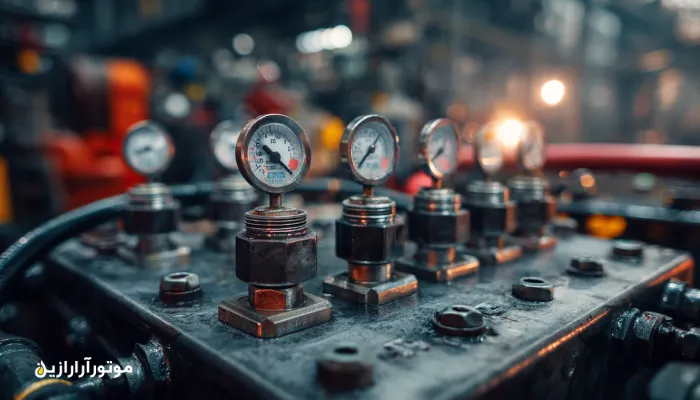 کلوزآپ از منیفولد و گیج‌های فشار سیستم هیدرولیک در محیط صنعتی اسفراین با تأکید بر کنترل روانکار و ایمنی تجهیزات. روغن صنعتی اسفراین