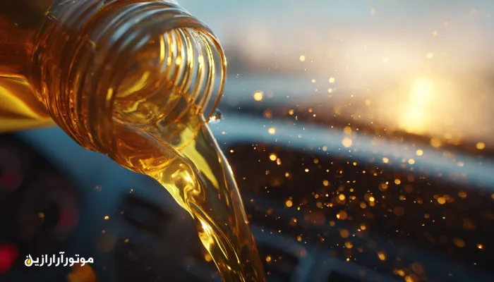 نمای نزدیک از ریزش روغن موتور با تاکید بر دوام فیلم روغن در استارت سرد. روغن موتور کنگاور