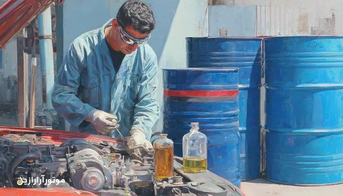 نمای نزدیک از مکانیک ایرانی در تعمیرگاه مدرن و لوکس که دو برند مختلف روغن موتور را داخل موتور میریزد؛ بشکههای آبی موتورازین با نوار قرمز در پسزمینه.