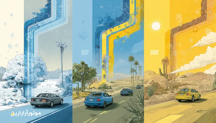 تصویر آموزشی از تطبیق ویسکوزیته روغن موتور با دماهای سرد، معتدل و گرم – نمایش گرافیکی رفتار روغنهای ۰W-۳۰، ۵W-۳۰ و ۱۰W-۴۰ در اقلیمهای مختلف ایران با طراحی موتورازین.