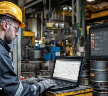 نمایی از مهندس تعمیرات که نمونه‌ای از روانکار صنعتی آلوده را بررسی می‌کند، در حالی‌که هشدارهای دما و ویسکوزیته روی صفحه نمایش داده شده است؛ نشانه‌های خرابی روانکار در محیط صنعتی.