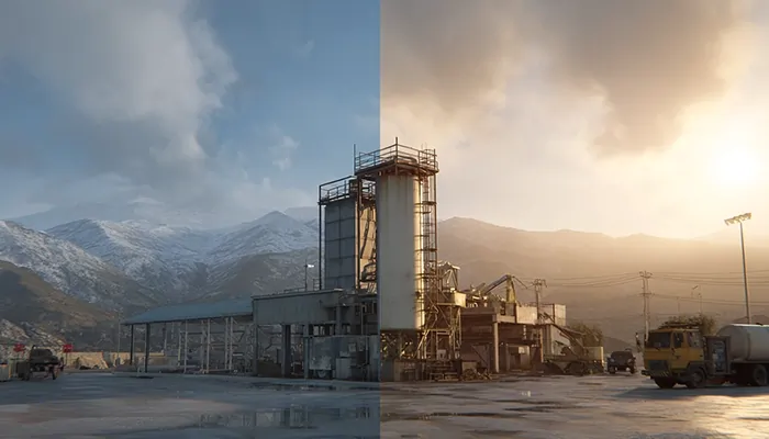 نمای صنعتی از کارخانه تولیدی در دامنه کوه‌های برفی با دو نور متفاوت روز و غروب در پس‌زمینه