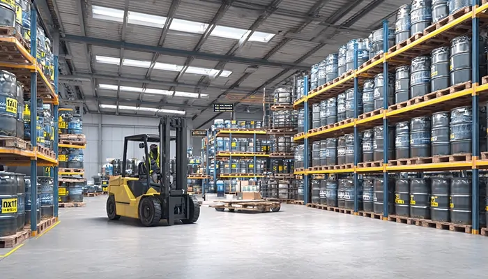 لیفتراک در حال جابجایی پالت در انبار مدرن ذخیره‌سازی بشکه‌های روغن و روانکار صنعتی