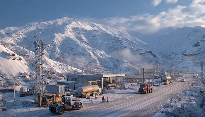 پایانه حمل‌ونقل صنعتی در منطقه کوهستانی برفی با تانکرها و کامیون‌های فعال در هوای سرد زمستانی