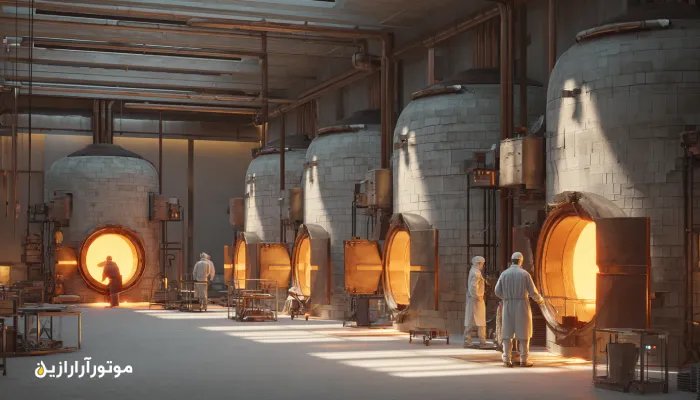 کارگاه سفال سرایان با کوره تونلی و بشکه‌های آبی موتورازین در پس‌زمینه. روغن صنعتی سرایان