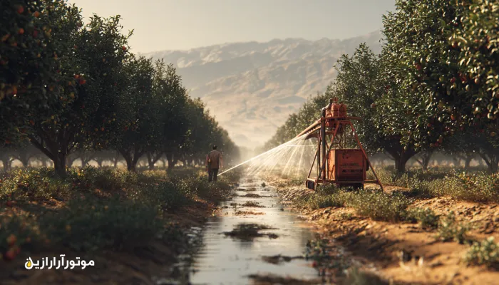 روانکاری پمپ آبیاری در زمین کشاورزی نیمه‌کویری درمیان با روغن هیدرولیک AW46 موتورازین. روغن صنعتی درمیان