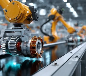 نمای نزدیک از ربات صنعتی، نوار نقاله و گیربکس کاهنده با نمایش نقاط روانکاری در خط مونتاژ خودرو؛ راهنمای روانکاری خطوط مونتاژ موتورازین