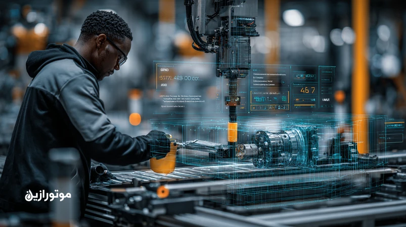 تصویر اتوشاپ با تکنسین در حال نمونه‌گیری روغن هیدرولیک کنار گیربکس کنوییر، همراه داشبورد KPI و گزارش آنالیز روغن برای چک‌لیست PM روانکار