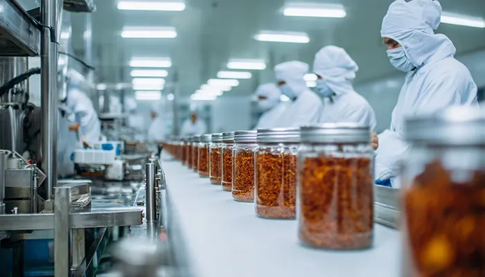 خط تولید کارخانه بسته‌بندی مواد غذایی با کارگران پوشیده در لباس بهداشتی در حال بسته‌بندی شیشه‌های حاوی زعفران خشک