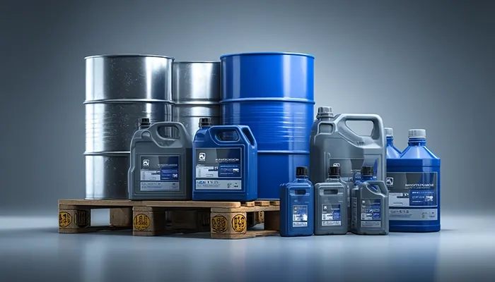 انواع بسته‌بندی روغن صنعتی شامل بشکه‌های آبی و خاکستری و گالن‌های پلاستیکی روی پالت چوبی در پس‌زمینه خاکستری