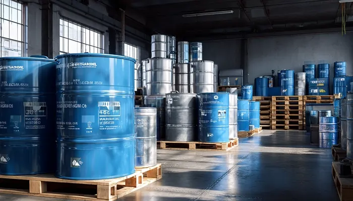 انبار بزرگ ذخیره‌سازی بشکه‌های فلزی و آبی رنگ روغن صنعتی چیده‌شده روی پالت‌ها با نور طبیعی از پنجره‌ها