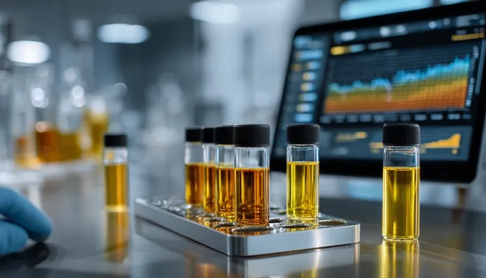 نمونه‌های آزمایشگاهی روغن موتور در ویال‌های شفاف زرد و نارنجی با مانیتور تحلیل داده‌ها در پس‌زمینه آزمایشگاه