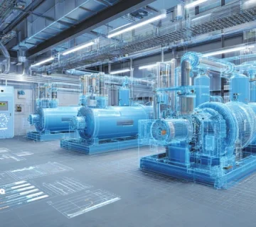 تصویر اتاق تاسیسات سردخانه در مشهد با کمپرسور اسکرو R404A، فیلتراسیون آفلاین روغن و نمودار کاهش ۲۵٪ خرابی؛ بهینه‌سازی روغن برودتی و پایش UOA.