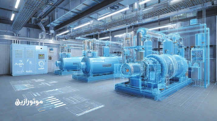تصویر اتاق تاسیسات سردخانه در مشهد با کمپرسور اسکرو R404A، فیلتراسیون آفلاین روغن و نمودار کاهش ۲۵٪ خرابی؛ بهینه‌سازی روغن برودتی و پایش UOA.