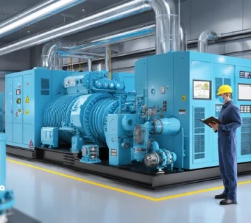 سالن ماشین سردخانه با کمپرسور اسکرو، اویل سپراتور و تکنسین در حال بازرسی sight glass؛ موضوع: چک‌لیست PM سردخانه و فیلتراسیون روغن تبرید 2025