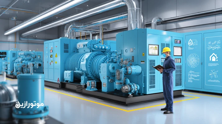 سالن ماشین سردخانه با کمپرسور اسکرو، اویل سپراتور و تکنسین در حال بازرسی sight glass؛ موضوع: چک‌لیست PM سردخانه و فیلتراسیون روغن تبرید 2025
