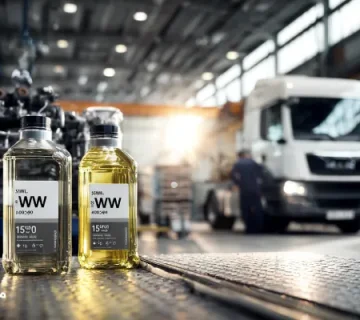 مقایسه تصویری بین دو روغن موتور دیزلی 15W-40 و 10W-30 در کارگاه مدرن سرویس کامیونهای دیزلی،