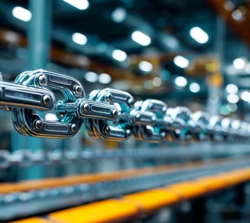 نمای نزدیک زنجیر کانوایر سالن رنگ خودرو با روانکار کم‌تبخیر ضدلاک و بی‌بو، بدون چکه و بخارات، محیط تمیز و آماده پخت کوره