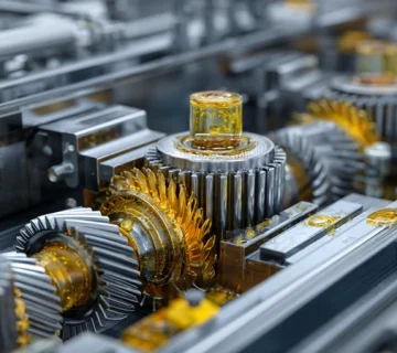 نمای برشی فوتورئالیستی از گیربکس کاهنده نقاله در خط مونتاژ خودرو با روغن دنده صنعتی CLP و افزودنی‌های EP و ضدسایش برای انتخاب صحیح روانکار