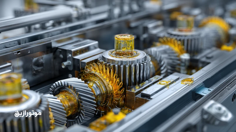 نمای برشی فوتورئالیستی از گیربکس کاهنده نقاله در خط مونتاژ خودرو با روغن دنده صنعتی CLP و افزودنی‌های EP و ضدسایش برای انتخاب صحیح روانکار