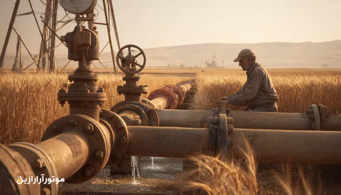 سرویس و روغنکاری پمپ آبیاری درهشهر با روغن صنعتی تمیز در میان مزارع گندم و ذرت. روغن صنعتی درهشهر