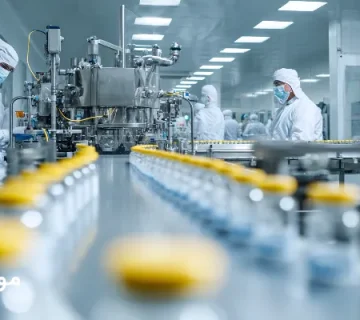 کارخانه داروسازی کرمان با کمپرسور استریل و ویال‌های دارو روی نوار تولید