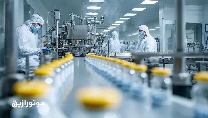 کارخانه داروسازی کرمان با کمپرسور استریل و ویال‌های دارو روی نوار تولید