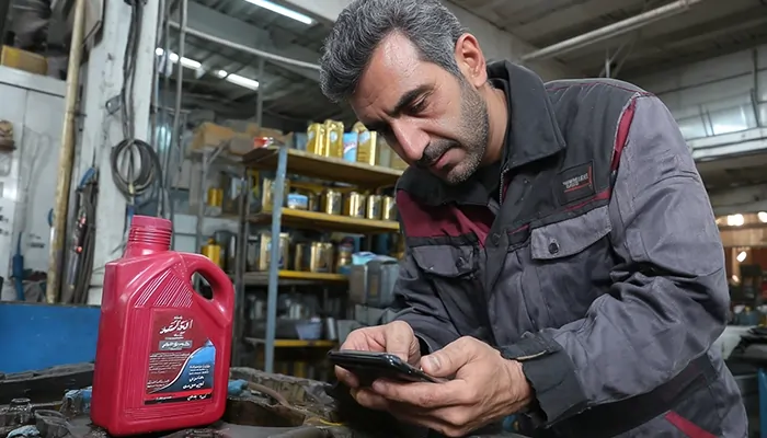مکانیک در تعمیرگاه در حال بررسی اطلاعات روغن موتور روی تلفن همراه، در کنار بطری روغن موتور قرمز رنگ روی میز کار