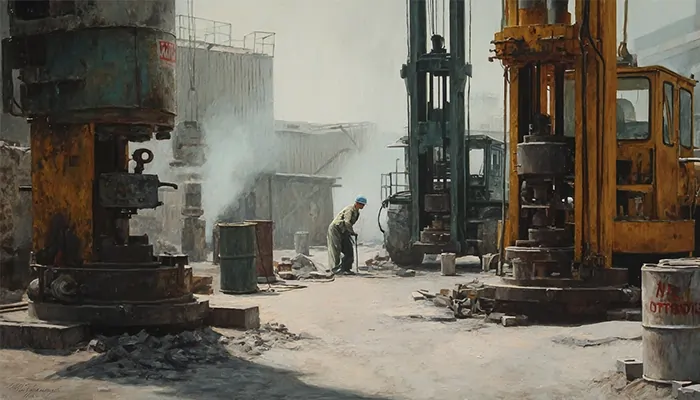 کارگر صنعتی در حال کار میان دستگاه‌های حفاری سنگین در محیط کارخانه‌ای غبارآلود با بخار و دود پس‌زمینه