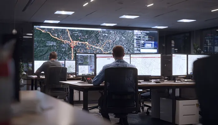 اپراتورهای مرکز کنترل در حال پایش نقشه‌های ترافیکی و داده‌های لجستیکی روی چند مانیتور در اتاق مانیتورینگ هوشمند