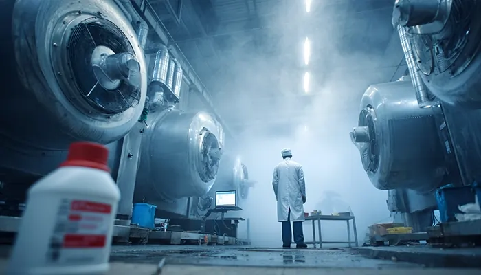 مهندس با روپوش سفید در محیط کارخانه مجهز به تجهیزات بزرگ صنعتی و بخار، در حال نظارت بر فرآیند تولید