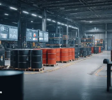 نمایی از مدیریت روانکار ناوگان از انبار تا پایش میدانی؛ شامل انبار بشکههای روغن، سیستم دیجیتال کنترل موجودی و تکنسینی که در محل کیفیت روغن را بررسی میکند.