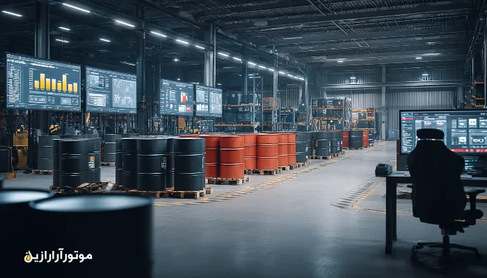 نمایی از مدیریت روانکار ناوگان از انبار تا پایش میدانی؛ شامل انبار بشکه‌های روغن، سیستم دیجیتال کنترل موجودی و تکنسینی که در محل کیفیت روغن را بررسی می‌کند.